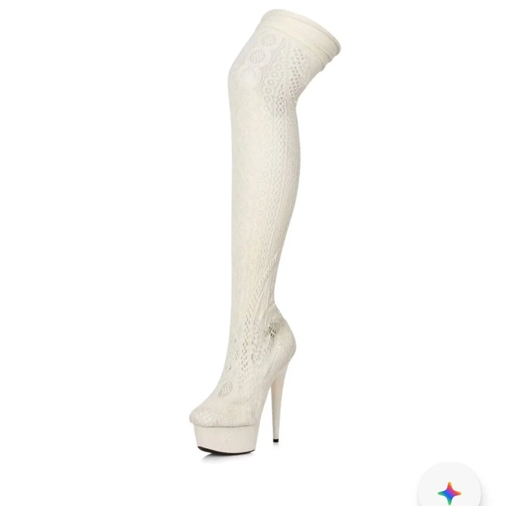 Cream‎ Lace Thigh High Stiletto Stocking Boots Platform Heels Size 6